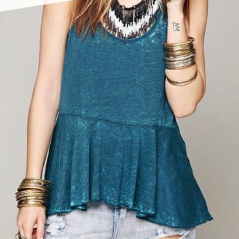 Free People Blue Distressed Peplum Tank Top